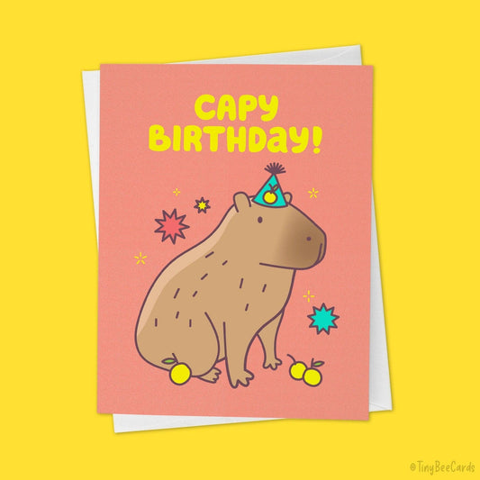 Capybara birthday card with party hat and Capy Birthday greeting