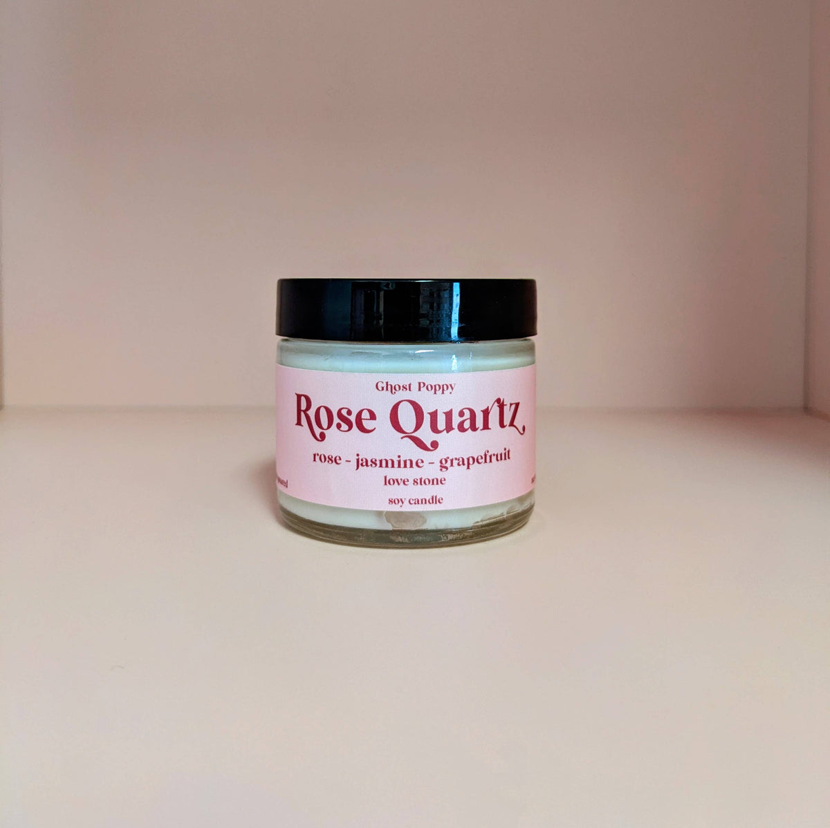 Rose Quartz soy candle with real crystals and rose, jasmine and grapefruit fragrance