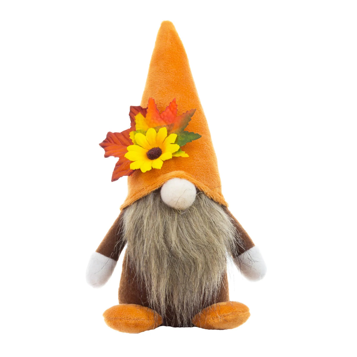 A brown plush autumn bearded gnome doll with a tall pointed hat decorated with colorful fabric leaves.