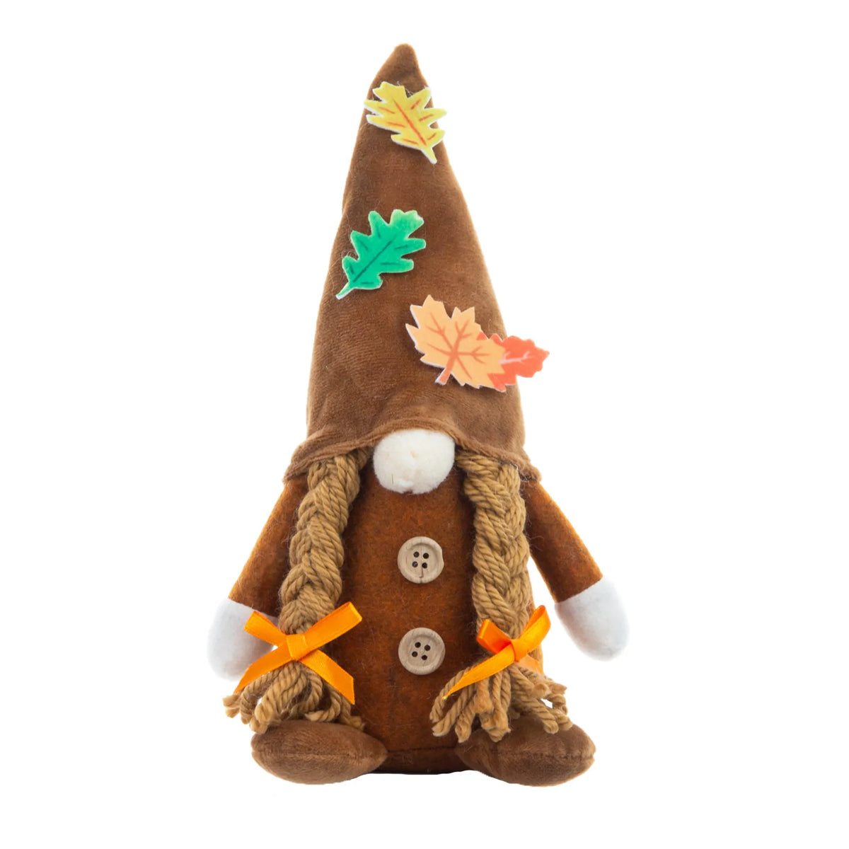A brown plush autumn gnome doll with a tall pointed hat decorated with colorful fabric leaves, rope braids for hair, orange ribbon bows, and white button details on a plain white background.