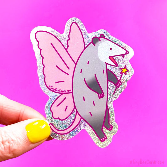 Fairy Opossum Glitter Vinyl Sticker